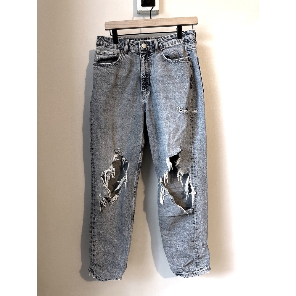 ZARA High Rise Mom Fit Light Wash Distressed Ripped Denim Jeans Size 8 Y2K Retro